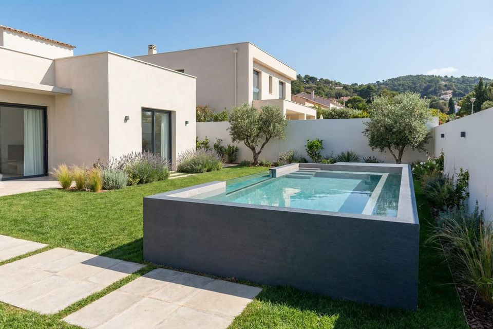 Instalación de piscina prefabricada elevada de diseño moderno.